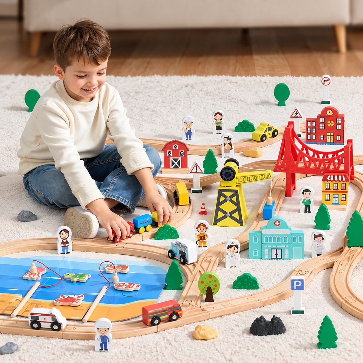KFFKFF 39-Piece Wooden Railway Adventure Set